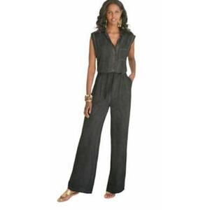 Soft Surroundings Womens Camilla Wide Leg Jumpsuit Large Gray Tie Front Pockets